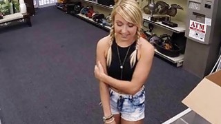 Hot blonde milf pawns her pussy and banged in storage room
